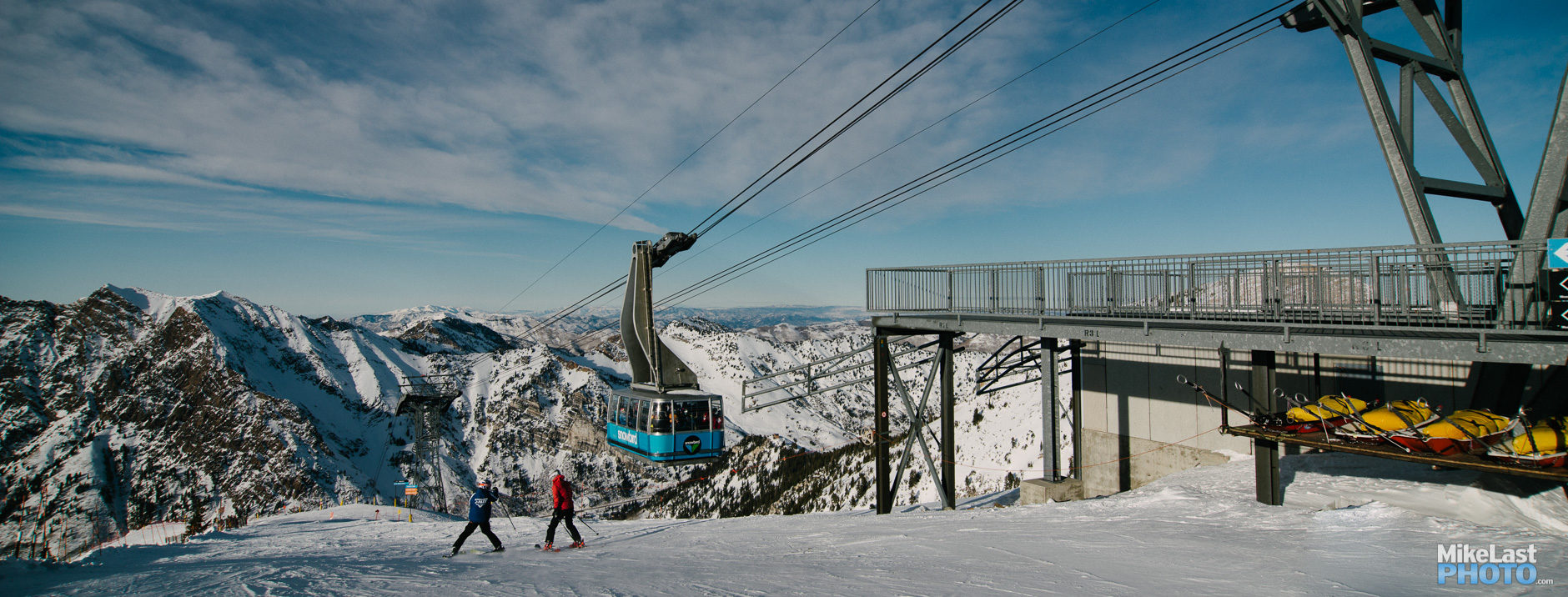 The tram arrives at the summit of Hidden Peak at Snowbird Mountain Resort.